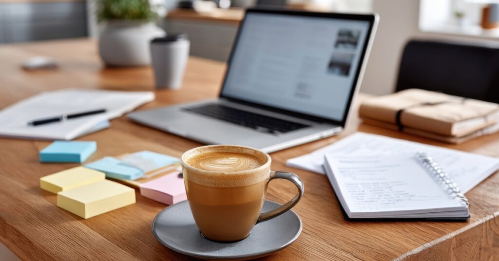 Remote work setup with laptop and coffee, symbolizing public Wi-Fi safety for Lancaster SMB professionals.